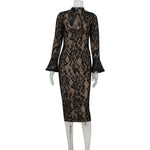 Sexy Women Wear Long Sleeve Lace Hollow Out Cutout out Slim Fit Elegant Sexy Hip Dress