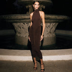 Women Clothing Summer Halter High Collar Pleated Hip Dress Women