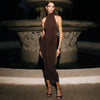 Women Clothing Summer Halter High Collar Pleated Hip Dress Women