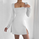 Women Clothing Square Collar Tight Long Sleeve Slit Flared Mini Sexy Dress