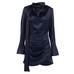 Autumn Winter Irregular Asymmetric Navy Blue Long-Sleeved Dress Women Slim Slimming Sheath