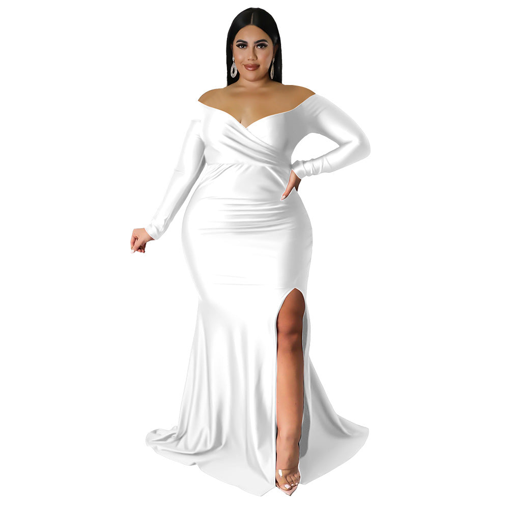 Plus Size Women Clothes Sexy Dress Nightclub V neck Formal Dress Solid Color Split Maxi Dress Autumn Winter Women