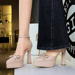 Sexy Double Layer Waterproof Platform Super High Heel Buckle Bow Patent Leather Pointed Toe Hollowed