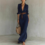 Women Clothing Autumn Elegant Graceful Sexy Solid Color Irregular Asymmetric Pleated Dress with Belt