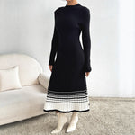 Women Clothing Underskirt Women Woolen Dress Black White Striped Pleated Dress Sweater Long Dress