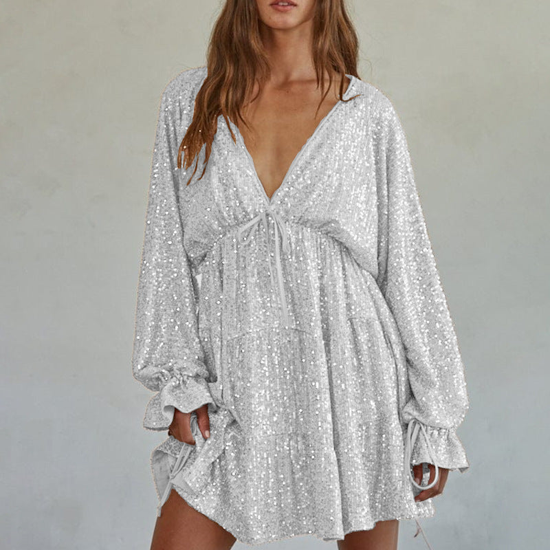 Lace up V neck Sequin Dress Sexy Drape Dress Women Summer