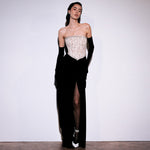 Sexy Women Lace Bead Strapless Dress High Elastic Split Long Dress