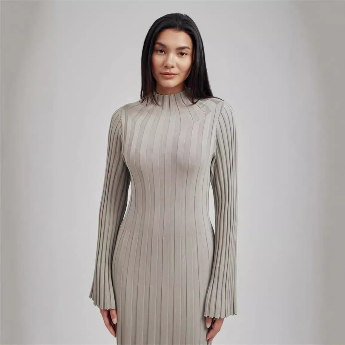 Autumn Winter Knitted Dress Casual Waist Tight round Neck Large Pit High Collar Slimming Knitted Maxi Dress for Women