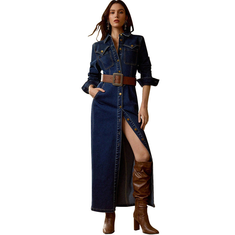 Women Clothing Long Sleeve Breasted Maxi Dress(Without Belt)