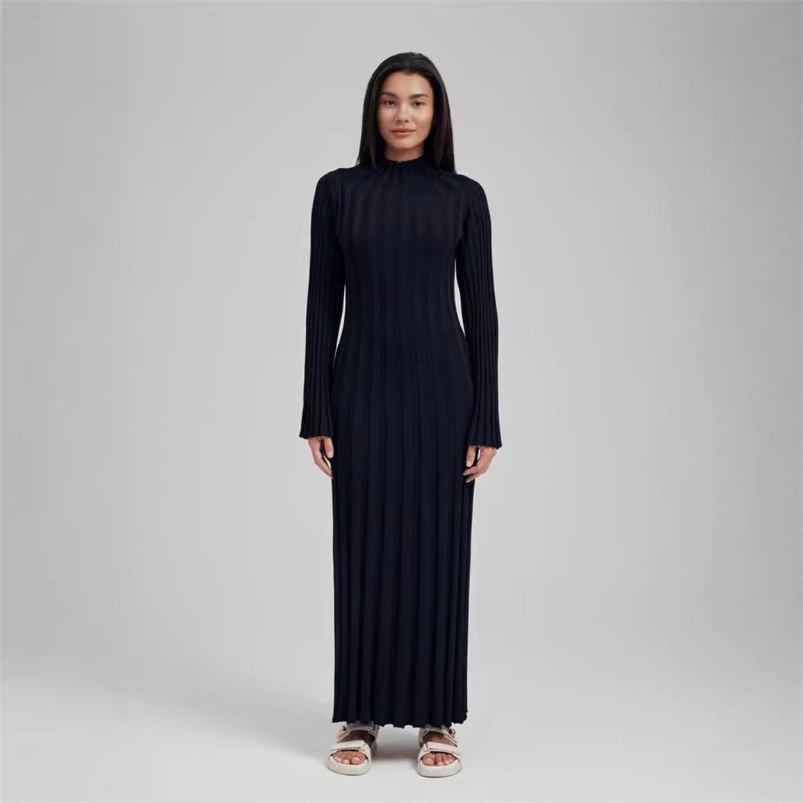 Autumn Winter Knitted Dress Casual Waist Tight round Neck Large Pit High Collar Slimming Knitted Maxi Dress for Women