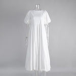 Cotton round Neck Puff Sleeve Dress Spring Summer Solid Color Loose Casual Dress for Women