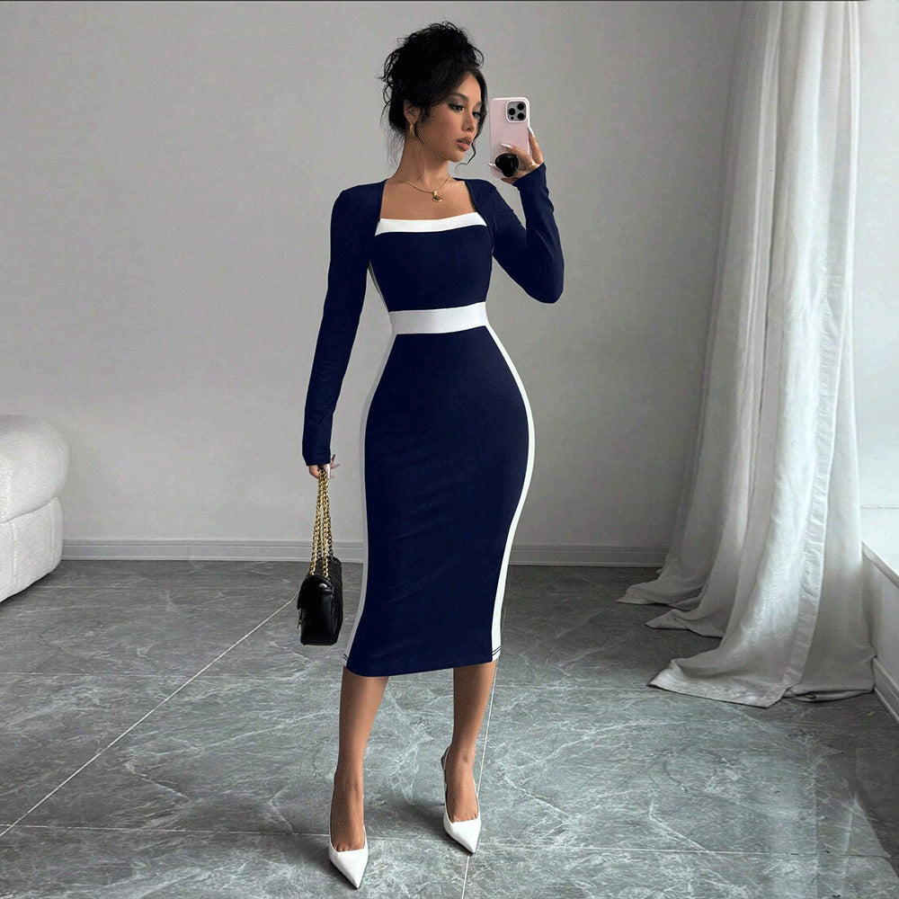 Women Clothing Stitching Contrast Color Midi Dress Sexy Sheath Long Sleeve Dress