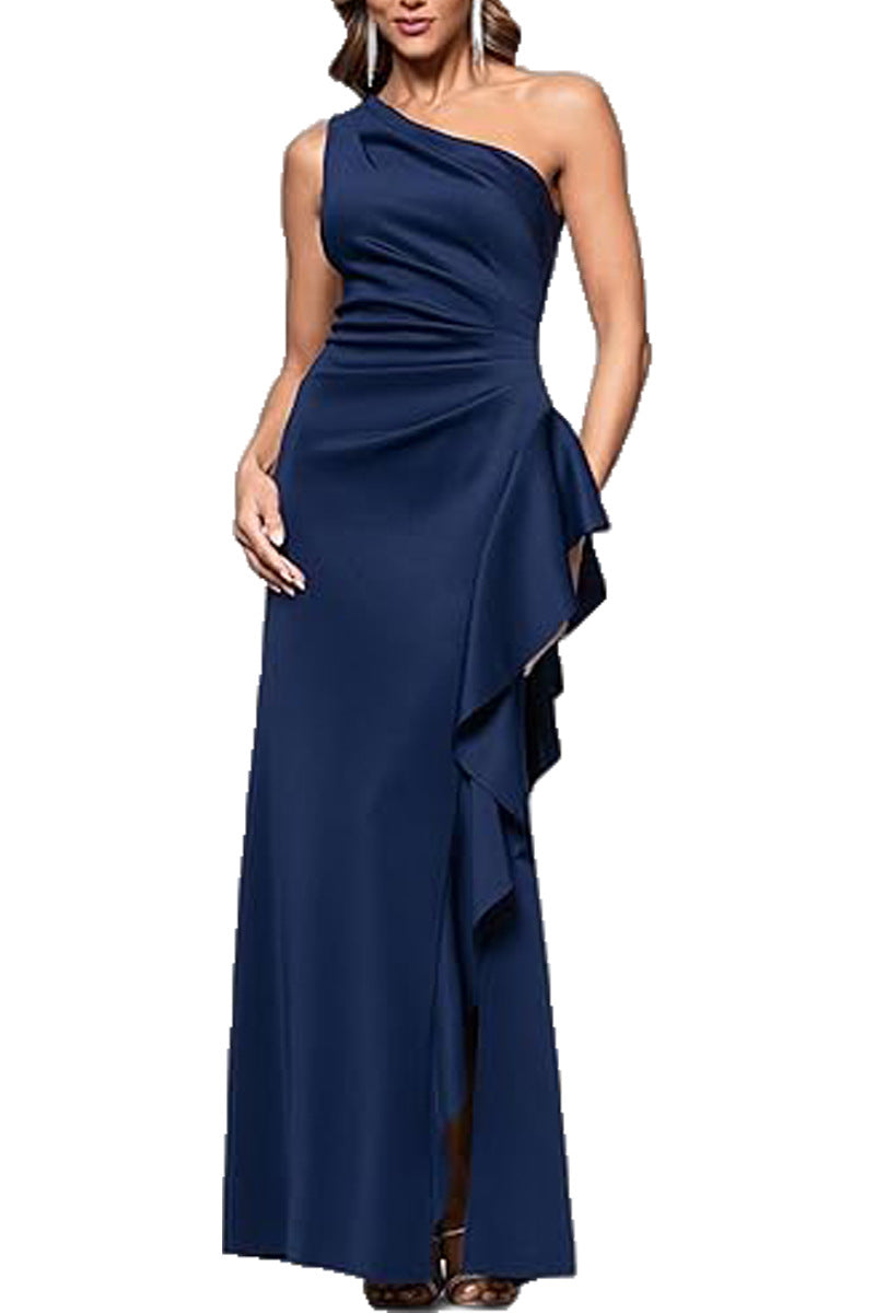 One Shoulder Elegant Solid Color Slim Waist Split Fishtail Side Ruffled Evening Dress