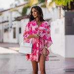Women Clothing V neck Printed Waist Controlled Batwing Sleeve Half-Length Sleeve Dress