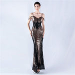 Dress Positioning Floral Sequin Craft Beaded Strap Evening Dress