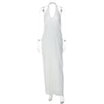 Women Clothing Autumn Sexy Loose Backless Sleeveless V neck Pleated Long Halter Mesh Dress