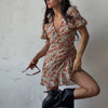 Women Clothing Sexy Printed Dress Summer V neck Puff Sleeve Design Pleated Hip Dress