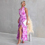 Printed Sexy V neck Backless Halter Fashionable Stringy Selvedge Dress