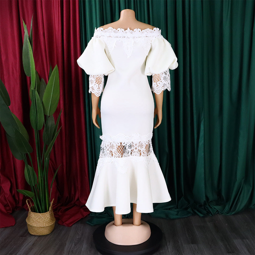 D368 cross-border women's fashion temperament lace off-the-shoulder fishtail party sexy party dress foreign trade dress
