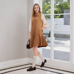 Fashionable Elegant Girls Autumn Suede Spun Yarn Slimming Short Cropped Puff Sleeve Waist Slimming Dress