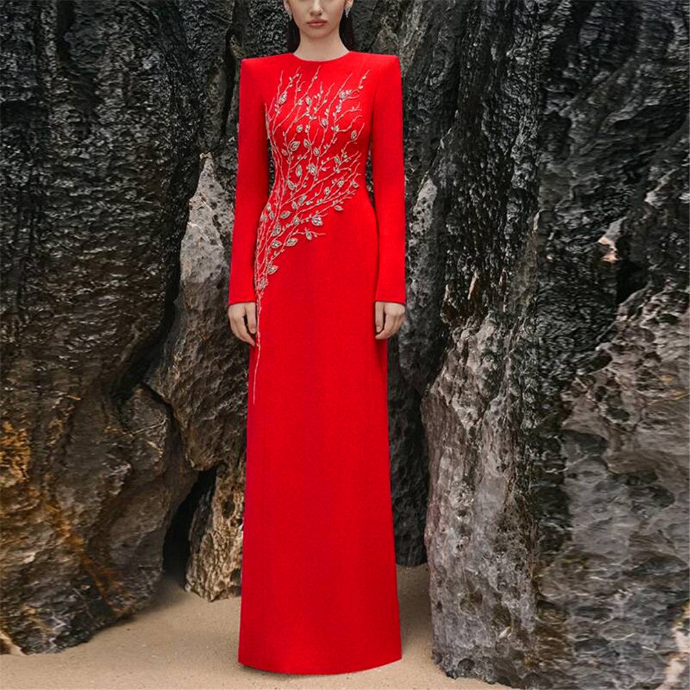 Handmade Beads Rhinestones Slim Long Sleeve Bandage One Piece Dress Elegant Graceful Party Dress
