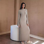 Autumn Winter Knitted Dress Casual Waist Tight round Neck Large Pit High Collar Slimming Knitted Maxi Dress for Women