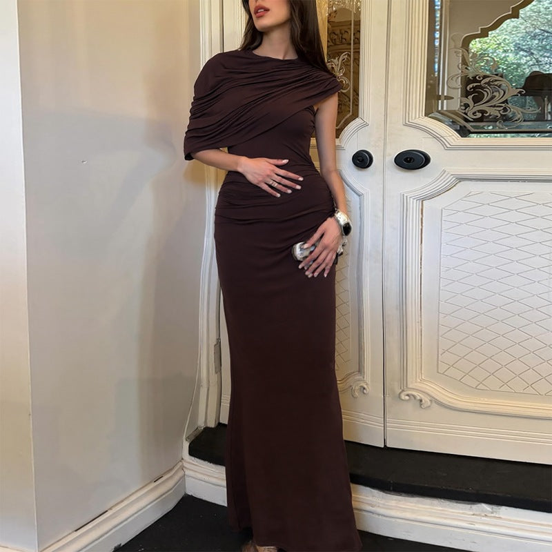 Women Clothing Summer Oblique Shoulder Design Skinny Sheath Pleated Irregular Asymmetric Dress