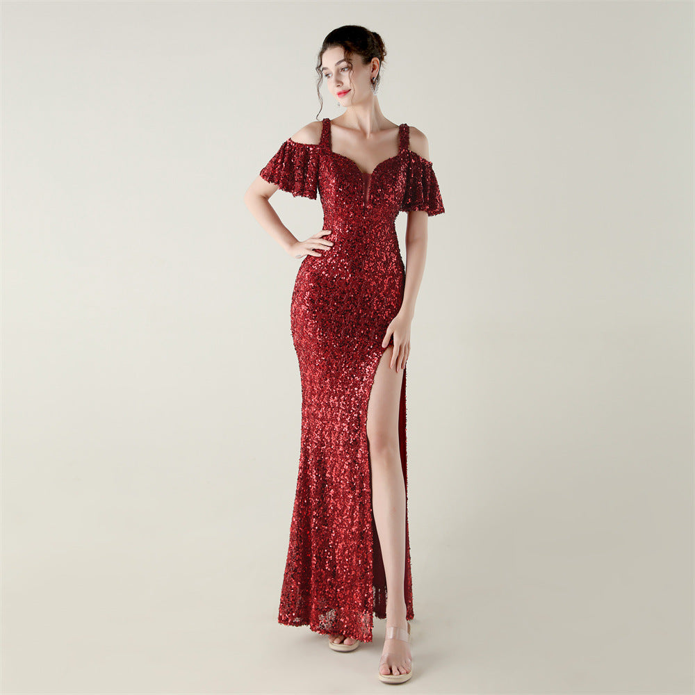 Bead Tube Sequin Heavy Industry Evening Dress Short Sleeve off the Shoulder Deep V Plunge High Slit Fishtail Dress Cocktail Socialite