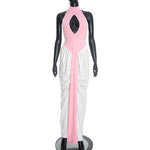 Women Clothing Winter Halter Sleeveless round Neck Hollow Out Cutout Contrast Color Ribbon Slit Maxi Dress