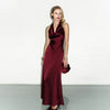 Low Cut Halter Swing Collar Sexy Backless Wine Red Slim Fit Graceful Satin Dress