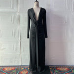 Sexy Slim Fit Deep V Plunge neck Dress Pleated Lace up Long Sleeve Sheath
