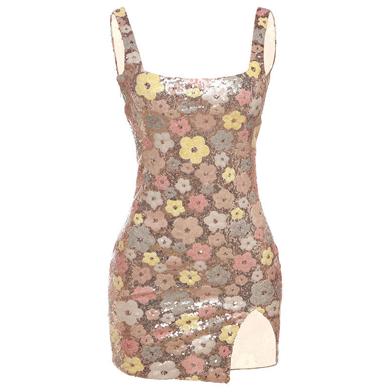 Spring Summer Women Clothing Fashionable Elegant Sexy Slim Fit Square Collar Sequined Hip Split Dress