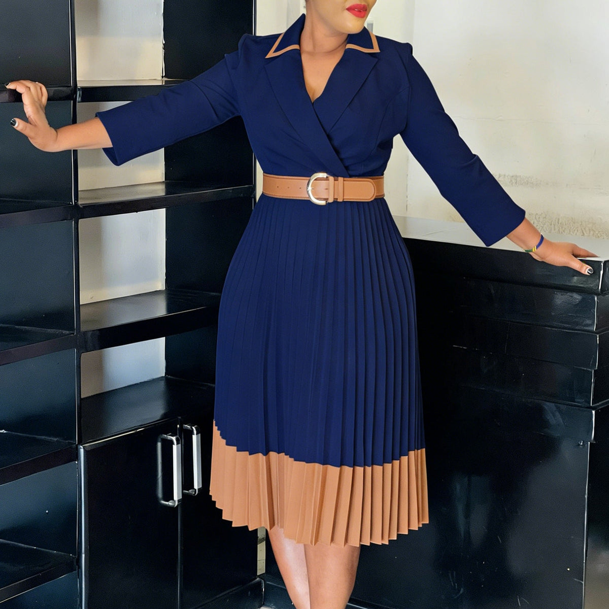 Women Clothing Winter Elegant Elegant Blazers Collar Color Matching Pleated Dress