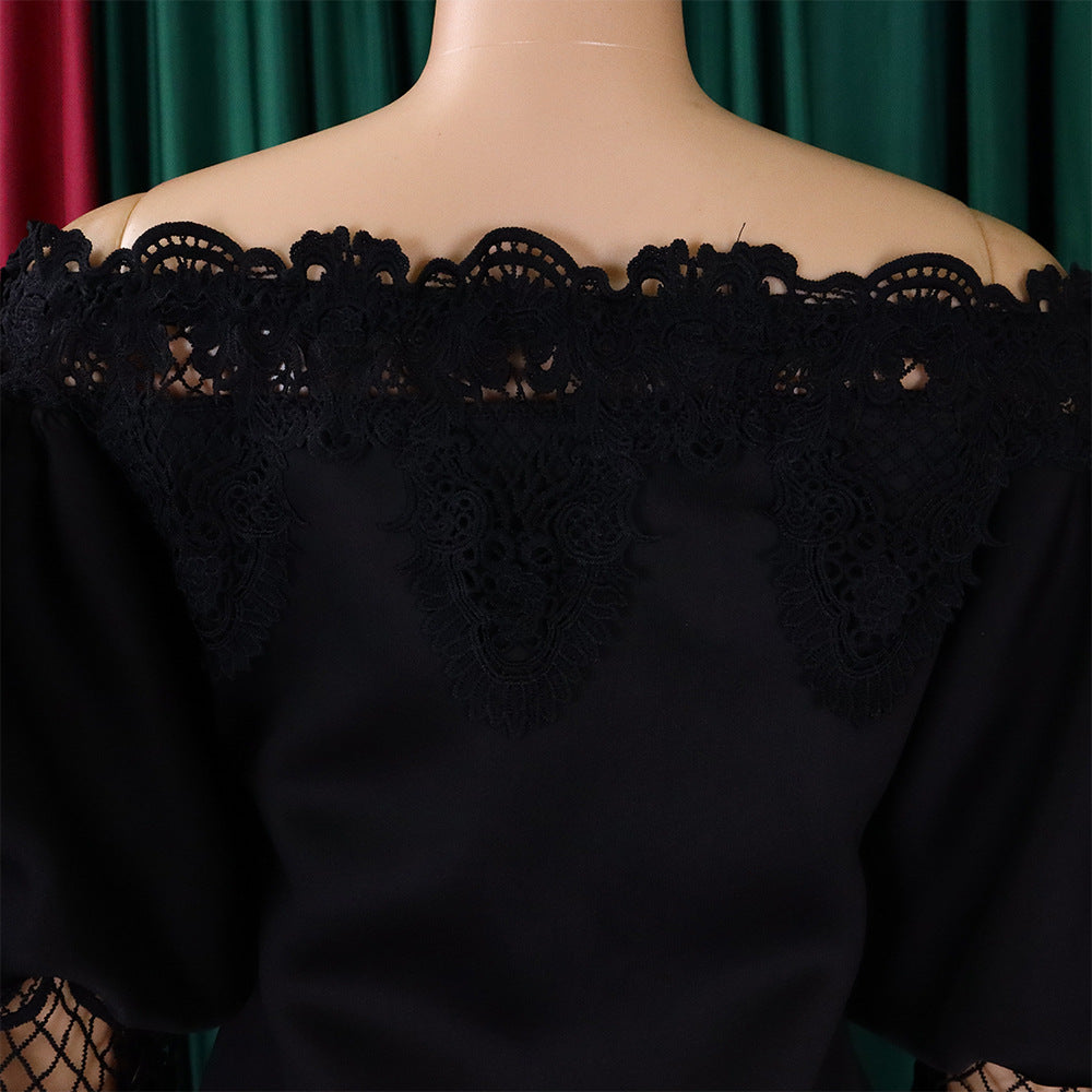 D368 cross-border women's fashion temperament lace off-the-shoulder fishtail party sexy party dress foreign trade dress