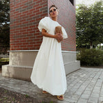 Cotton round Neck Puff Sleeve Dress Spring Summer Solid Color Loose Casual Dress for Women