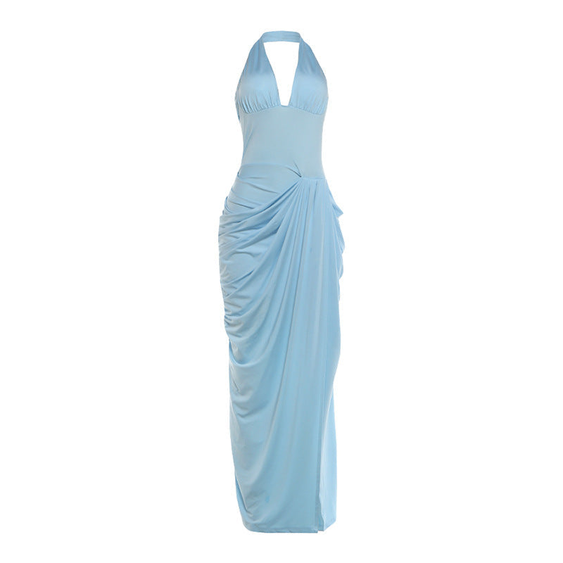 Summer Women Clothing Fashionable Halter Backless Pure Pleated Wrinkle High Sensitive Open Fork Hip Wrapped Dress