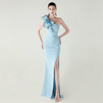 One Shoulder Craft Beading Wave Floral Satin High Slit Sexy Evening Dress Dinner Party Wedding Social