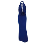 French Women Clothing Winter Lace Stitching Sexy Hollow Out Cutout Backless Split Halter Dress