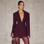 Women Clothing Autumn Winter Solid Color Deep V Plunge Collared Pleated Mini Waist Dress for Women