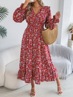 Autumn Winter Elegant Floral Cross V neck Waist Trimming Ruffles Maxi Dress Women Clothing
