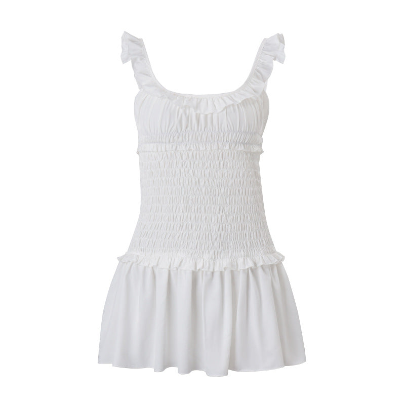 Women Clothing Spring Sexy Elegant Wooden Ear Pleated Strap Pleated Dress Short for Women