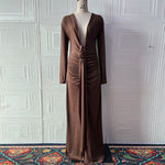 Sexy Slim Fit Deep V Plunge neck Dress Pleated Lace up Long Sleeve Sheath