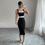 Summer Women Clothing Adult Lady Like Woman Intellectual Maxi Dress Square Neck Strap Contrasting Color Dress