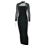 Women Dress Mesh round Neck Long Sleeve Backless Tube Top Slim Fit Pleated Dress