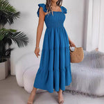Summer Solid Color Square Collar Wooden Ear Waist A line Dress Women Clothing