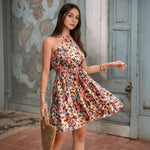 Women Clothing Halter Cross Shoulder Strap Dress Vacation Bohemian Floral Print Pleated Chest Wrapped Dress