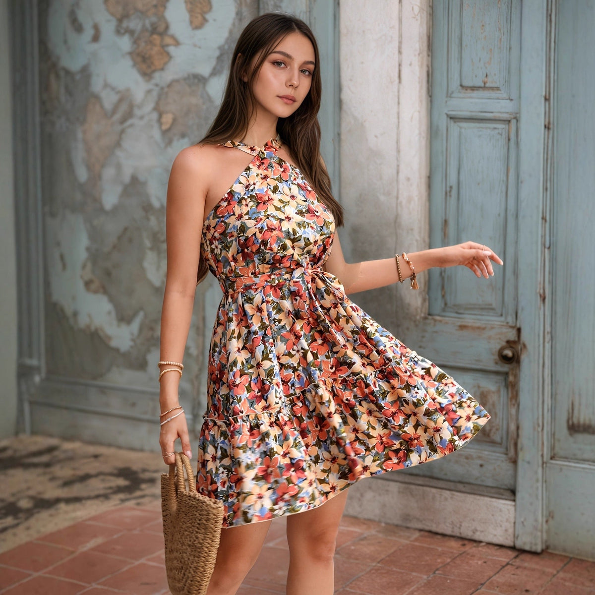 Women Clothing Halter Cross Shoulder Strap Dress Vacation Bohemian Floral Print Pleated Chest Wrapped Dress