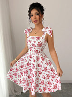 Women Clothing Floral Print High Waist Lace up Sweet A line Large Hem Dress