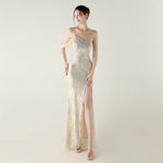 Sequin Mesh Craft Beaded Evening Dress off the Shoulder High Slit Fishtail Dress Swing Cocktail Social Socialite