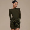Women Clothing Autumn Winter Solid Color Elegant Casual Slim Fit round Neck Long Sleeves Pleated Short Dress